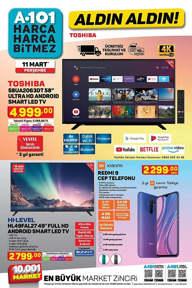 Bu Perşembe A101'de 2 televizyon ve 1 telefon satışta olacak.