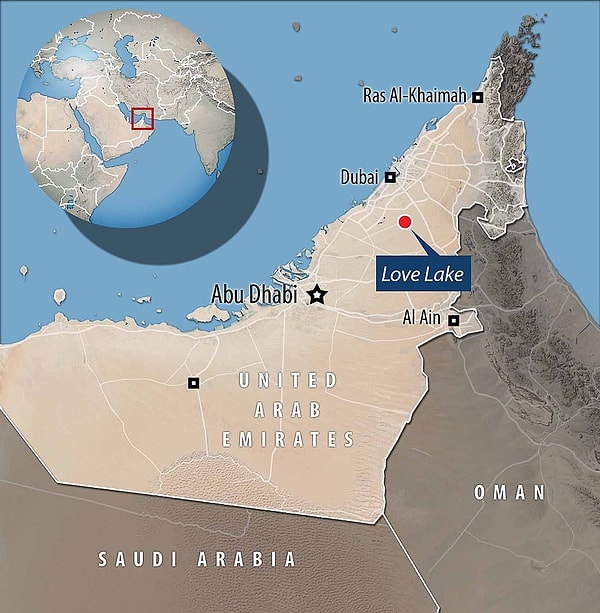 Карта, показывающая расположение Love Lake Dubai, которое находится в пустыне в 60 км от города.