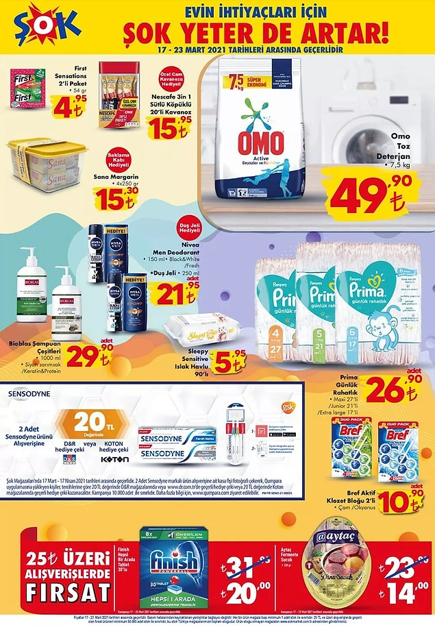 25 TL ve üzeri alışverişlerinizde 33'lü Finish Hepsi Bir Arada Tablet ya da Aytaç Fermante Sucuk indirimli.
