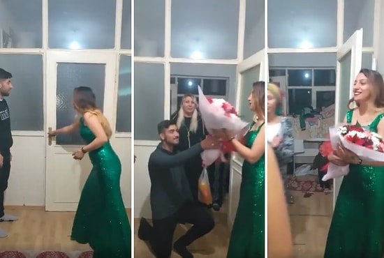Elinde Fantalı Abla, Kapıda Unutulan Çocuk... Kız İstemeye Gittiği Eve Girerken Çiçeği Diz Çökerek Veren Damat