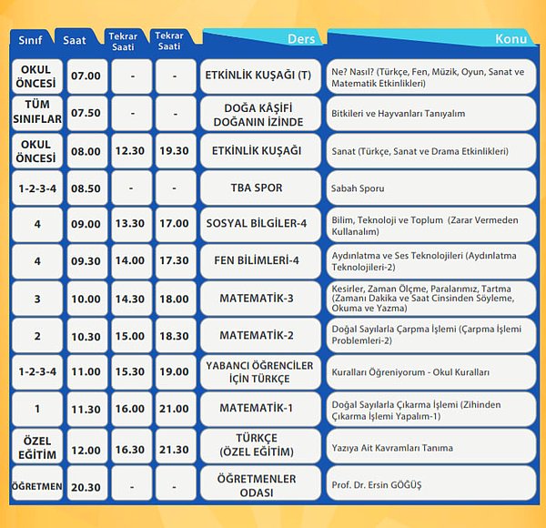 16 Mart EBA TV İlkokul Ders Programı