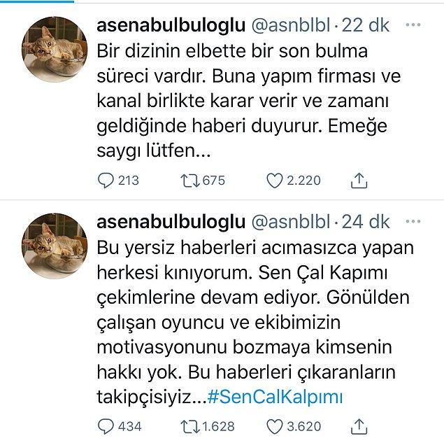 Neyse ki dizinin yapımcısı Asena Bülbüloğlu final iddialarını hemen yalanladı: “Sen Çal Kapımı çekimlerine devam ediyor. Gönülden çalışan oyuncu ve ekibimizin motivasyonunu bozmaya kimsenin hakkı yok.”