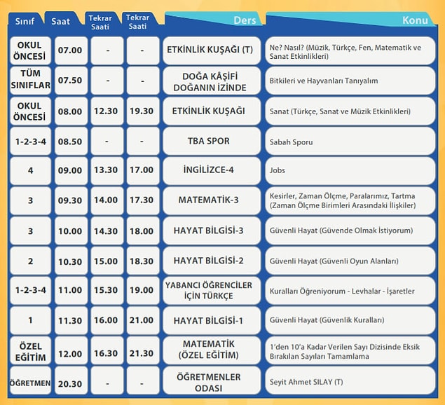 18 Mart EBA TV İlkokul Ders Programı