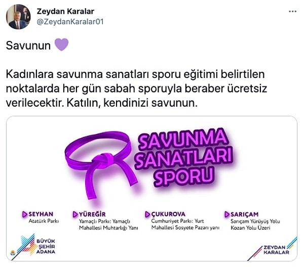 Adana Büyükşehir Belediye Başkanı Zeydan Karalar ise attığı bir tweet ile kadınlara savunma sanatları sporu hizmetini ücretsiz olarak vereceklerini söyledi. 'Katılın, kendinizi savunun.' dedi.