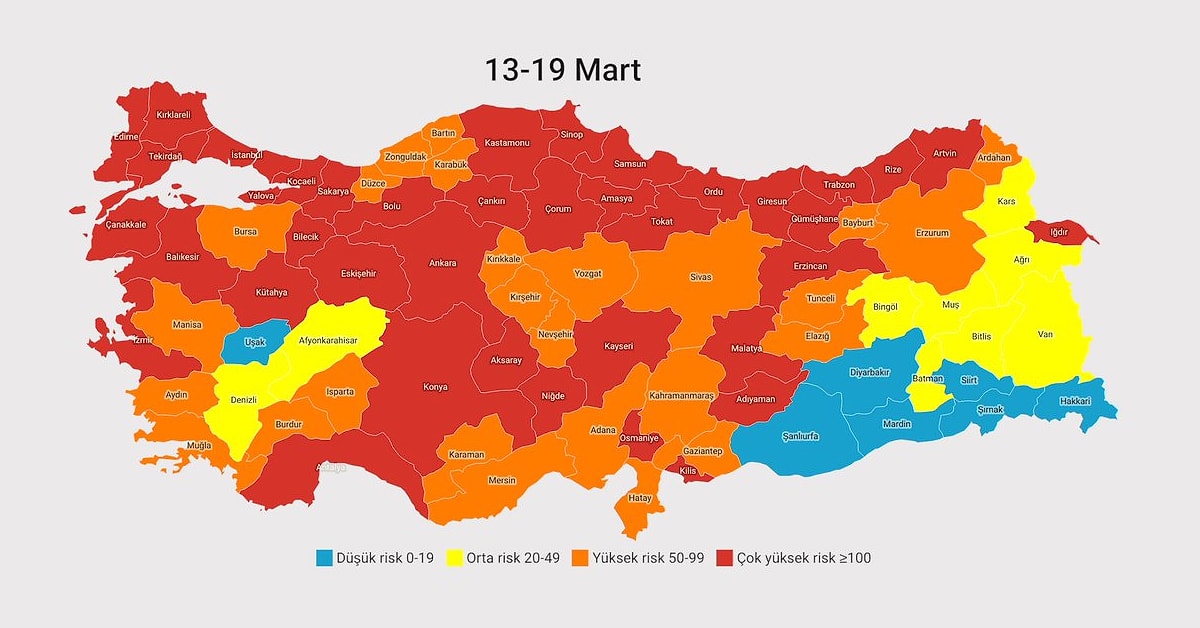 il il koronavirus risk haritasi iste 22 mart 2021 dusuk orta yuksek ve cok yuksek riskli iller