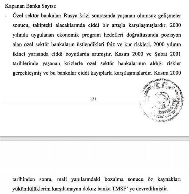 ‘Alıntılarına’ takip eden sayfada da devam eden Kavcıoğlu, özel sektör bankalarının kapanmasıyla ilgili bölümde MB raporunun 115’nci sayfasından şu kısmı çalışmasına monte ediyor 👇