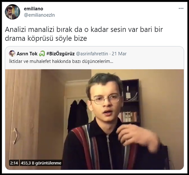 Şok etkisi yaratan videonun Twitter'da viral olmasının ardından da bir kullanıcı Asrın'dan 'Drama Köprüsü'nü söylemesini istedi.