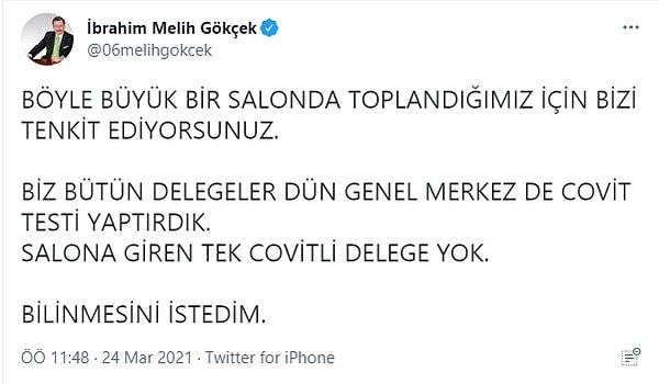 Salona alınan herkese AK Parti Genel Merkezi tarafından koronavirüs testi yapıldığını ifade eden Gökçek şu ifadeleri kullandı: