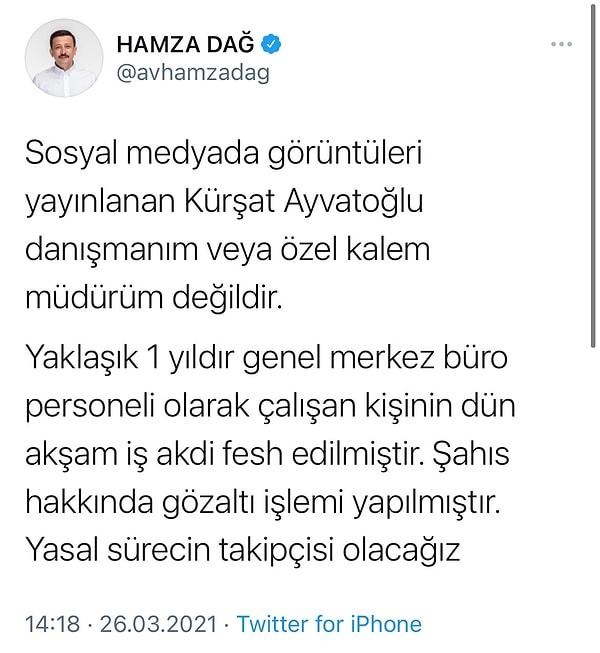 Hamza Dağ da, Ayvatoğlu'nun genel merkezde büro personeli olarak çalıştığını söyledi.