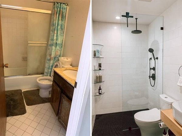 12. "До и после преображения нашей крохотной ванной. Кажется, получилось очень симпатично и свежо!"