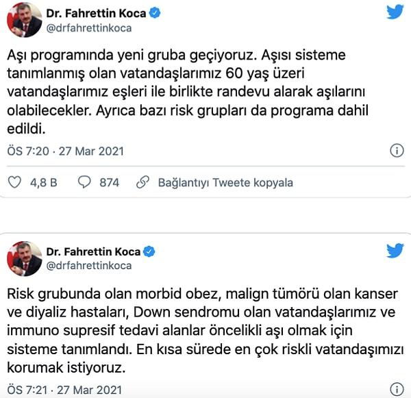 Bakan Koca, Twitter hesabından yaptığı açıklamada, şunları kaydetti: