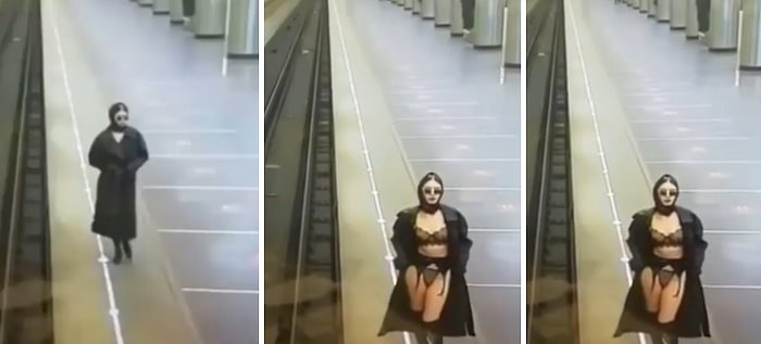 Trençkotun Önünü Açarak İçine Giydiği Jartiyer ile Metro Kameralarına Şov Yapan Kadın