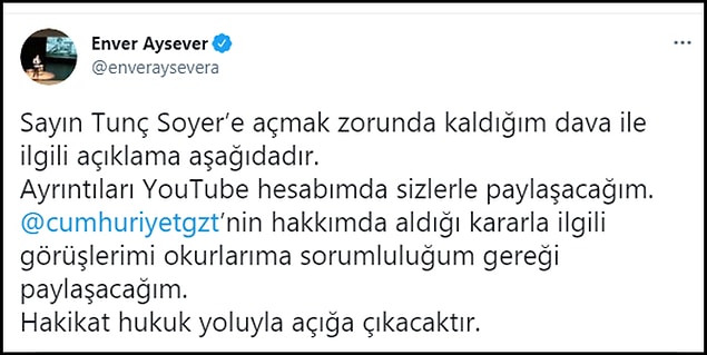 Ayveser dava kararını Twtitter'dan duyurdu 👇