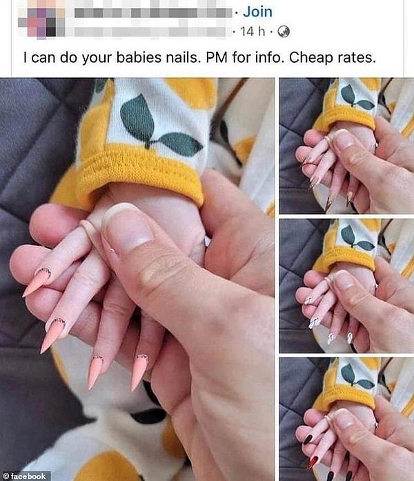 Yayınlandığı andan itibaren Twitter'da gündem olan fotoğrafların üzerine kadın: "Bebeklerinizin tırnaklarını yapabilirim... Ucuz fiyatlara." yazdı.