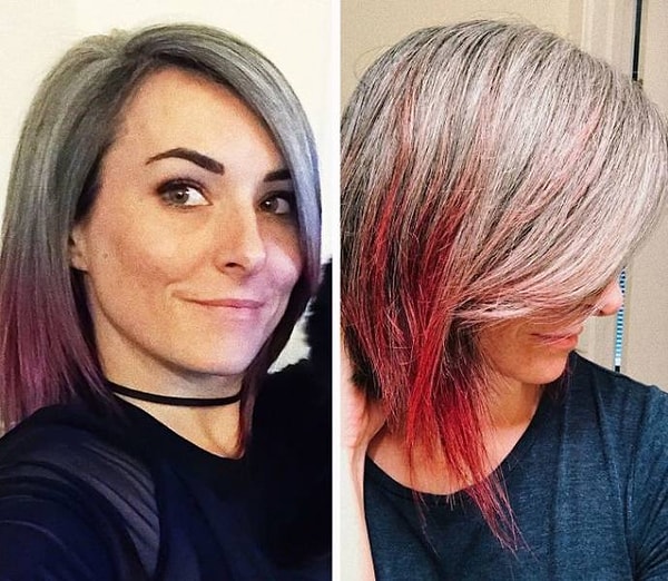 4. "Я начала седеть примерно в 5 классе школы и сразу приняла решение красить волосы в черный цвет. Только в 30 лет я наконец решила отпустить эту ситуацию + добавила пару красных прядей, чтобы придать образу немного остроты!"