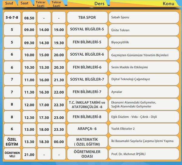 30 Mart EBA TV Ortaokul Ders Programı