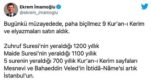 Ekrem İmamoğlu'dan Müzayede Açıklaması: 'Paha Biçilmez 9 Kur'an-ı Kerim ve Elyazmaları Satın Aldık'