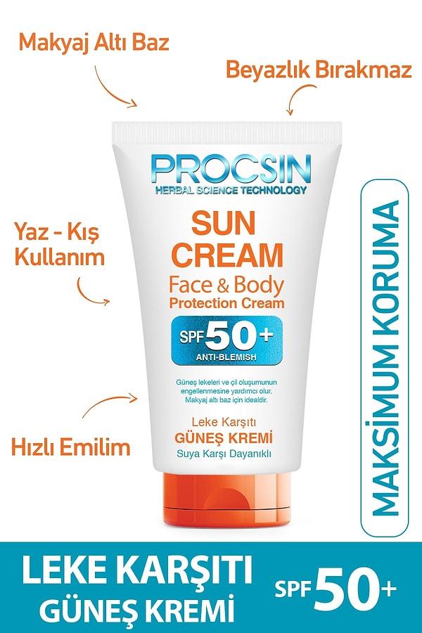 6. Procsin marka leke karşıtı güneş kremi, erken cilt yaşlanmalarına karşı bizi koruyan Spf50+ korumalı bir ürün.