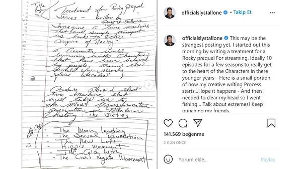 10. Sylvester Stallone'nin Instagram'daki paylaşımına göre Rocky serisi, orijinal yapımın öncesini anlatacak bir dizi ile genişleyecek.