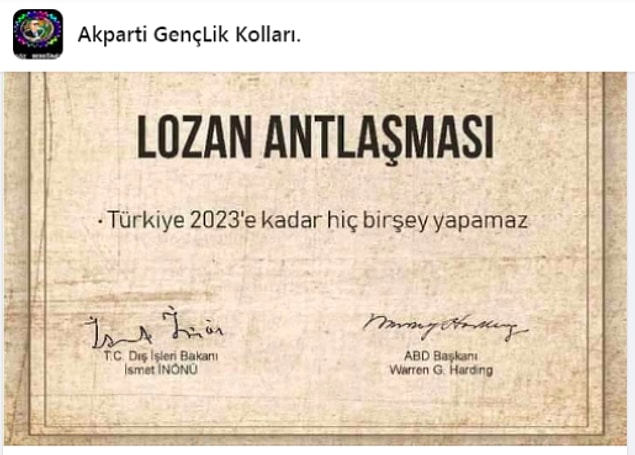 Lozan Antlaşması'nı Türkiye'nin elini kolunu bağlayan bir engel gibi gören bir hesap Facebook'ta bununla ilgili bir paylaşım yaptı.