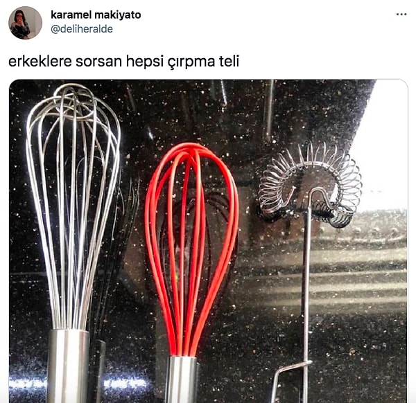 Twitter'da yine böyle bir teste denk geldik. @deliheralde isimli kullanıcı 3 adet mutfak ürününü "Erkeklere sorsan hepsi çırpma teli" diyerek paylaştı.