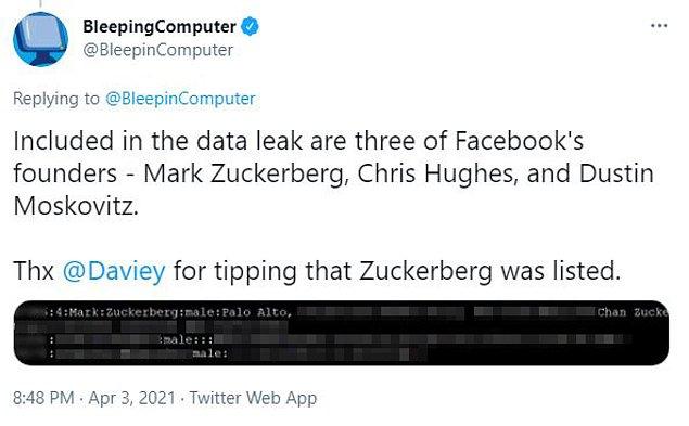 Siber araştırmacı Dave Walker, Zuckerberg’in yanı sıra Facebook kurucu ortakları Chris Hughes ve Dustin Moskovitz’in de kişisel bilgilerinin, sızdırılan 533 milyon kullanıcı arasında olduğunu söyledi.