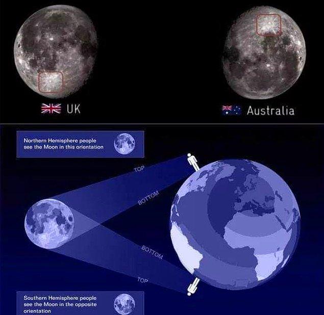 7. Kuzey yarım küreden biri Güney yarım küreyi ziyaret ettiğinde - bunun tersi de geçerlidir- ayın baş aşağı göründüğünü fark edebilirler.