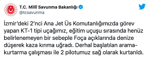 Milli Savunma Bakanlığı Açıklama Yaptı: Foça'da Askeri Uçak Düştü