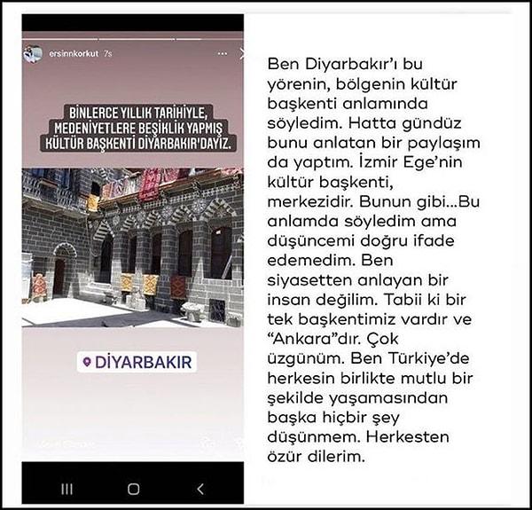 Akşam saatlerinde eleştirilere ilişkin bir açıklama yapan Korkut, "Diyarbakır'ı bu yörenin, bölgenin kültür başkenti olarak söyledim. Düşüncemi doğru ifade edemedim" diyerek özür diledi. 👇