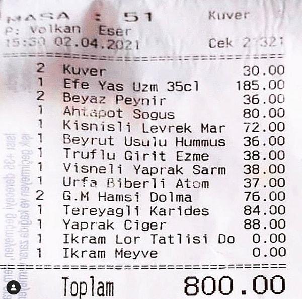 Cheff Meyhane Arnavutköy'deki bu adisyona göre gayet güzel yenilip içilmiş. Burada da yaprak ciğerin fiyatı benzerlerine göre dikkat çekici.
