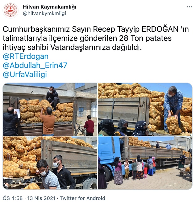 Hilvan Kaymakamlığı da bu kapsamda patates soğan yardımı yaptı.