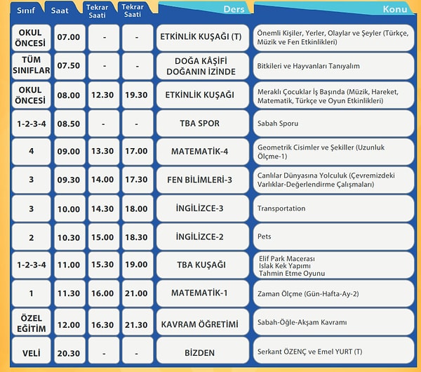 16 Nisan EBA TV İlkokul Ders Programı