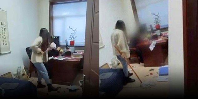 Görüntülerde, bir kadın eline paspası aldıktan sonra bir erkeğin ofisine girerken görülüyor.