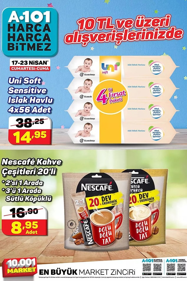10 TL ve üzeri alışverişlerinizde 4x56 Uni Soft ıslak havlu ya da 20'li Nescafe kahve çeşitleri indirimli.