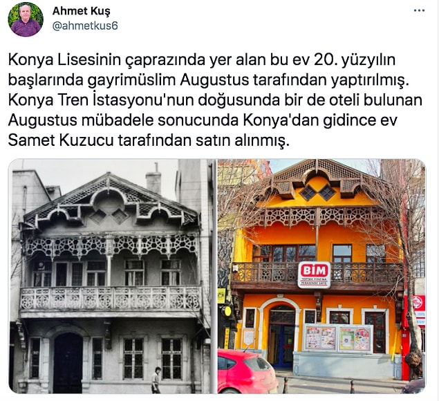 Twitter'dan @ahmetkus6 isimli kullanıcı da bu acı fotoğrafı gösterdi bizlere. 20. yüzyılın başlarında yaptırılan bu yapı şimdilerde Konya'da BİM olarak kullanılıyormuş.