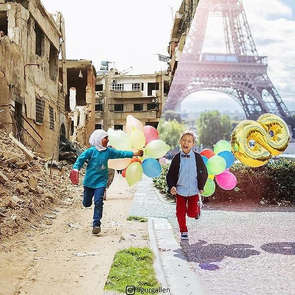 2. Suriye'nin başkenti Şam'da savaştan dolayı hasar görmüş bir mahallede, elinde balonlarla koşuşan bir çocuk.