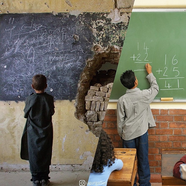 7. 3 Ocak 2002'de Afganistan'da harap olmuş Habibia Lisesinde bir çocuk!