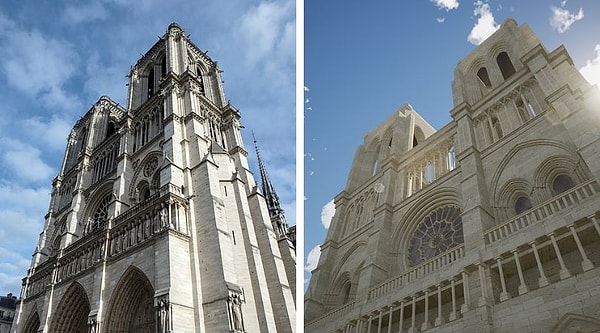 Данные о структуре (слева), собранные с использованием технологий захвата реальности как до пожара, так и после него, позволили построить модели (как на фото справа), которые помогут провести реставрацию и сохранить Нотр-Дам для потомков.