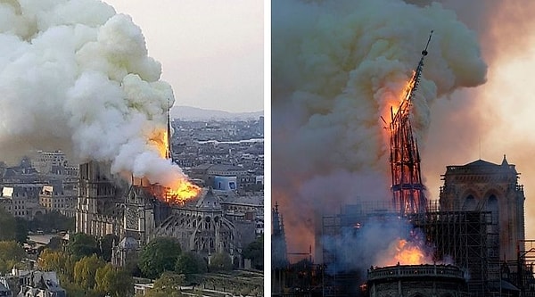Деревянная крыша и шпиль Нотр-Дама (справа) были снесены после пожара (слева) - предположительно, вызванного электрической неисправностью на чердаке  вечером 15 апреля 2019 г.