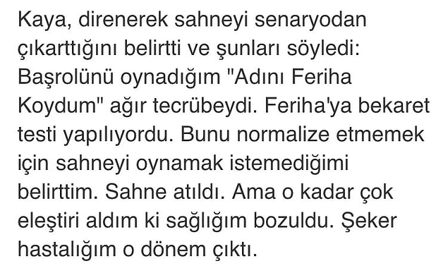 Hazal Kaya, 10 yıl önce Adını Feriha Koydum dizisinde bekaret kontrolü sahnesini "normalize etmemek için" senaryodan çıkarttırmıştı.