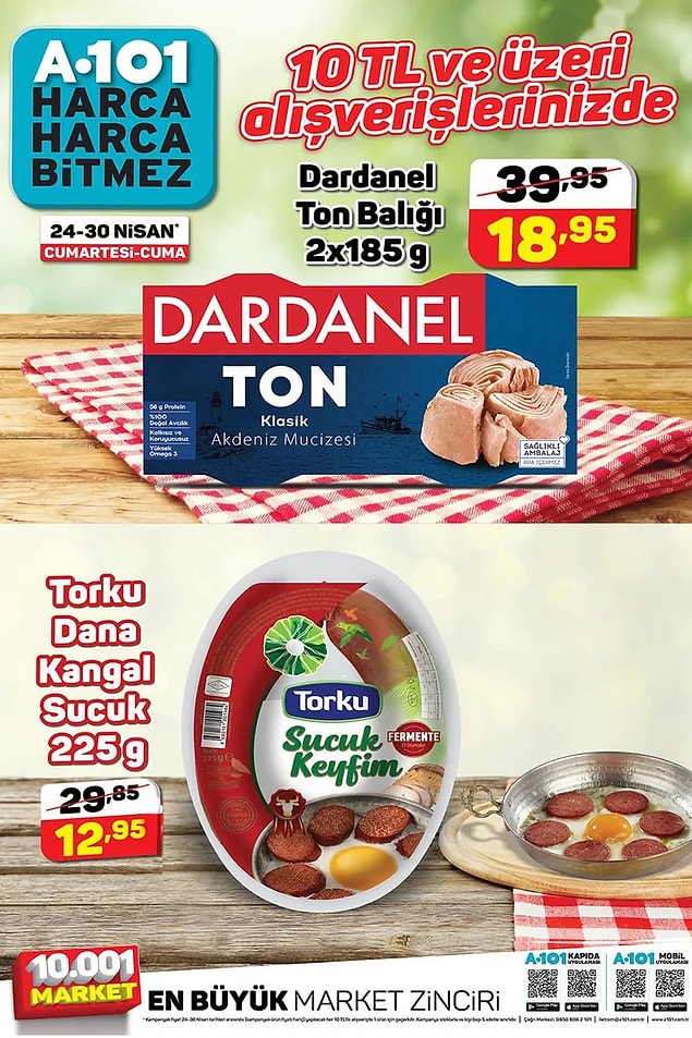 10 TL ve üzeri alışverişlerinizde 2'li Dardanel Ton Balığı ya da 225 Torku dana kangal sucuk 12,95 TL.