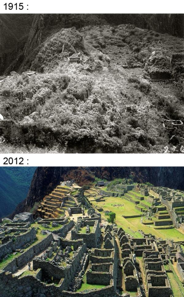 9. 16. yüzyılda İspanyollar tarafından fethedildikten sonra İnkalar'ın terk ettiği Machu Picchu, yüzyıllar boyunca dağın tepelerinde saklı kaldı ve 1911'de yeniden keşfedildi. 1915'de kazı çalışmaları başlamadan önce ve günümüzde ise böyle görünmekte;