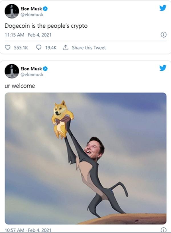 Elon Musk’ın aşağıdaki şekilde görülen 4 Şubat 2021 tarihli Twitter mesajları sonrası aşağıdaki grafikte görüldüğü üzere Dogecoin önemli miktarda değer kazandı. Hatta 2021’in ilk üç ayındaki kazancı %1000’i geçti.