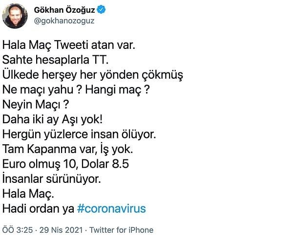 Twitter'da 1.7 milyon takipçisi olan Athena kurucusu Gökhan Özoğuz'un attığı her tweet olay oluyor. Kendisi de futbolla ilgili olan ünlü müzisyen dün maç tweeti atanlara öfkelendi. Paylaşım şöyle 👇