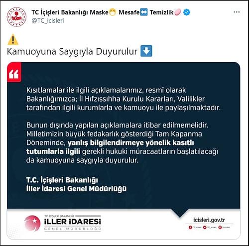 Bakanlık, Valiliğin Açıklamasını Retweetledi: 'Alkol Satışı Kısıtlaması 81 İlde Devam Etmektedir'