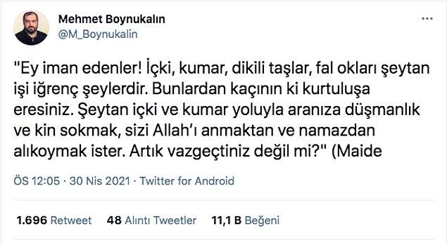 Dün de Mehmet Boynukalın klavye başına geçti. İçki satışının Covid bahanesiyle yasaklanması nedeniyle sosyal medyada gerilen ortamda içki karşıtı tweetler attı.