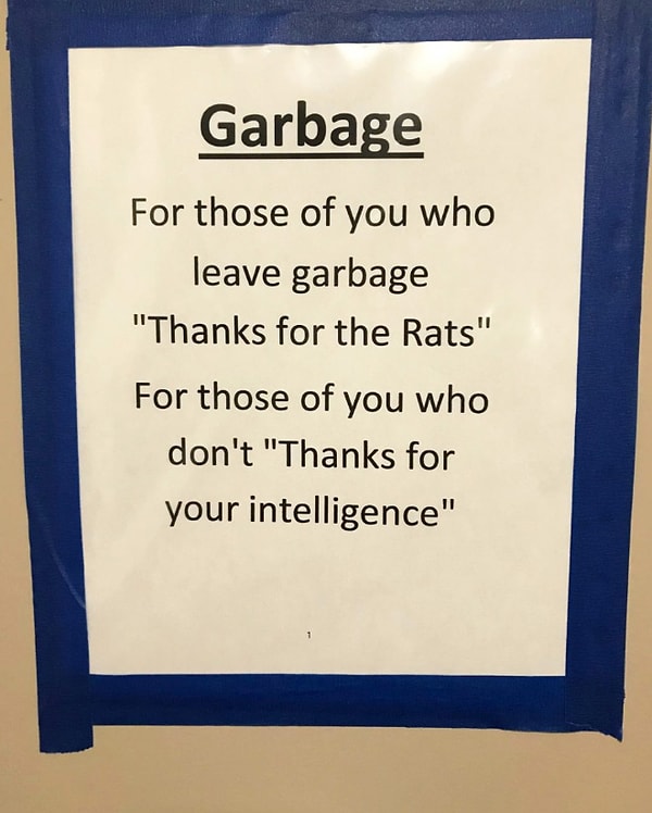 7. "Тем, кто выбрасывает свой мусор: спасибо за вашу воспитанность. Тем, кто оставляет свой мусор: спасибо за крыс!"