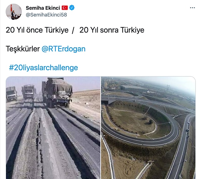 Bu akıma siyasi parti üyeleri de katılıyor haliyle. Ancak burada durum biraz farklı. AKP Sivas Milletvekili Semiha Ekinci 20 yıl önce Türkiye başlığıyla bir yol görüntüsü paylaştı.
