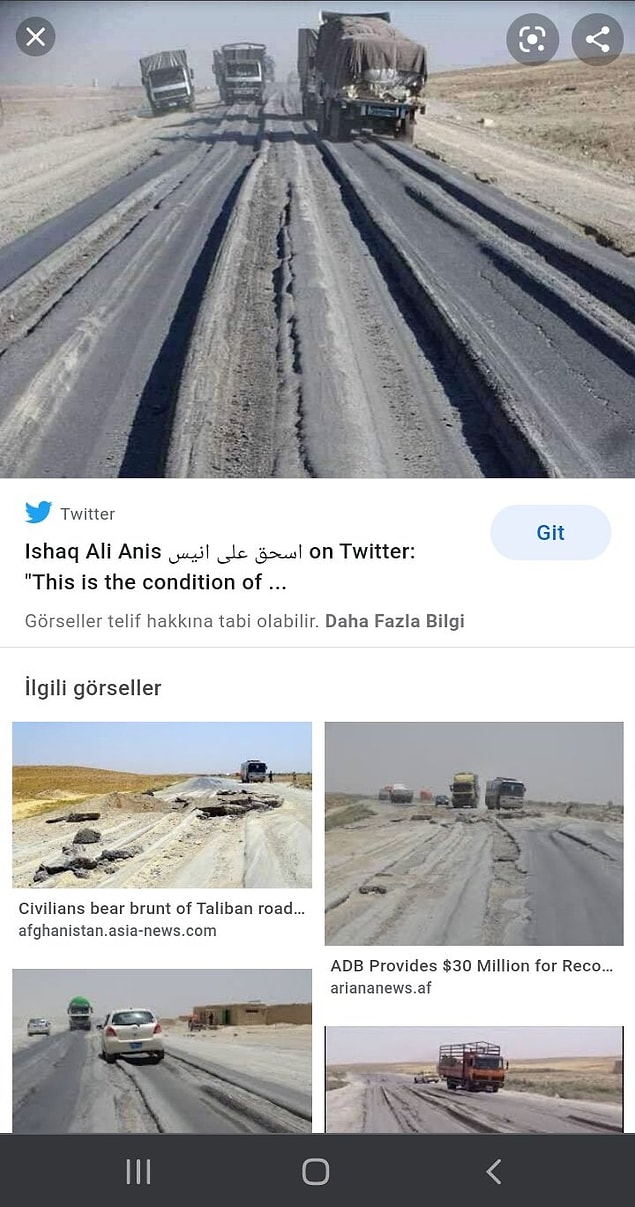 Ancak bu fotoğraf Afganistan'daki yola ait bir görsel.