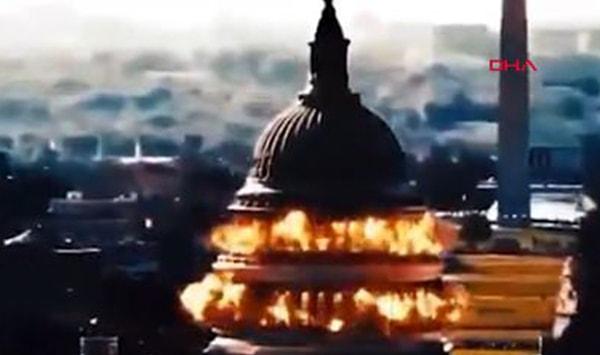 Devrim Muhafızları Ordusu'nun yer aldığı propaganda videosunda, bir füzenin ABD Kongre Binası'nı havaya uçurduğu görülüyor.
